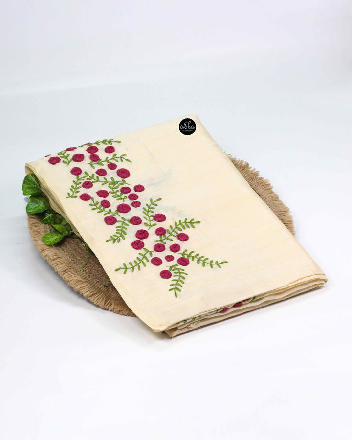 Cream Semi Silk Saree with Intricate Hand Embroidery