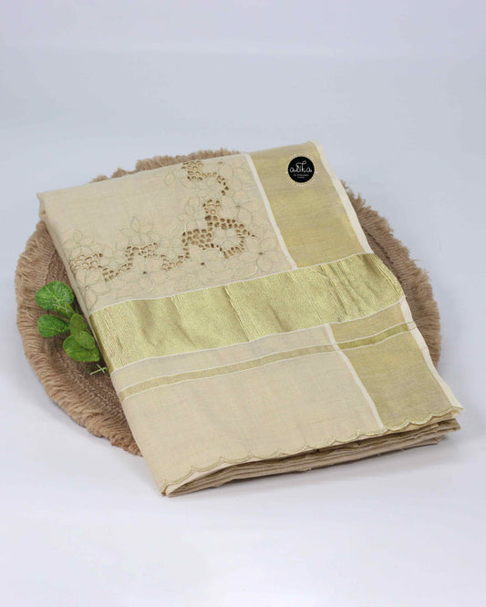 Kerala Pure Kasavu Saree with Full Border Cutwork & Floral Embroidery – Alika Fashion Store