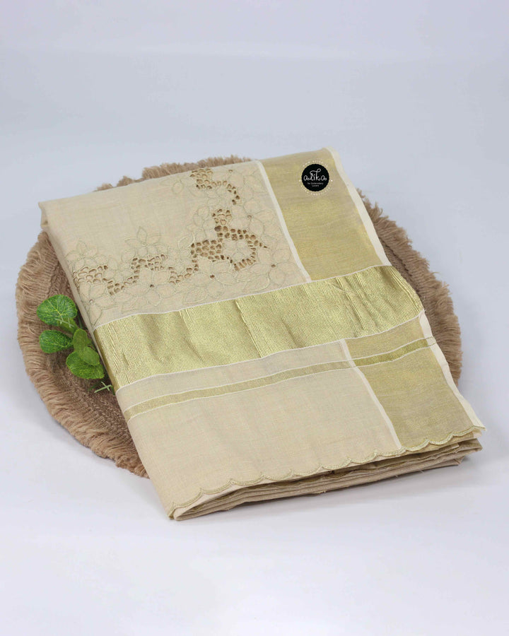 Kerala Pure Kasavu Saree with Full Border Cutwork &amp; Floral Embroidery