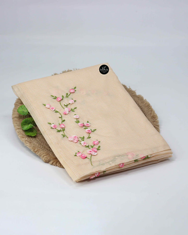 Vanilla Semi-Silk Saree with Floral Hand Embroidery – Graceful Artisan Drape