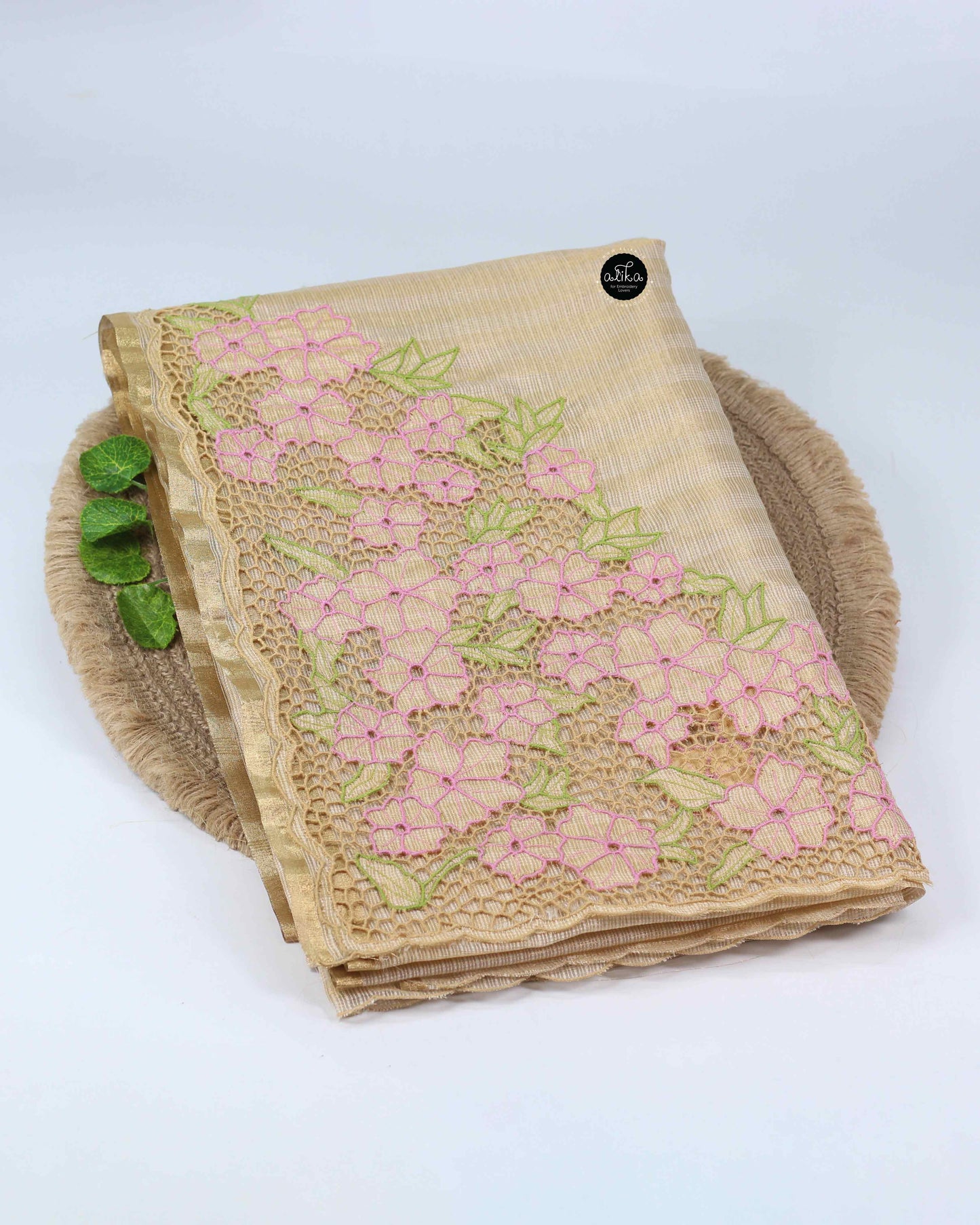 Cream Semi Tissue Saree with Floral Twine Cutwork