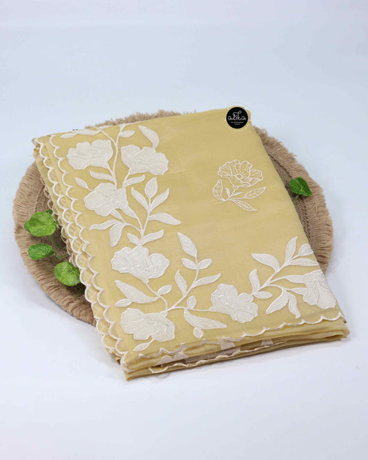 Pastel Yellow Organza Party Wear Saree with Appliqué Work & Cream Blouse Material – Alika Fashion Store