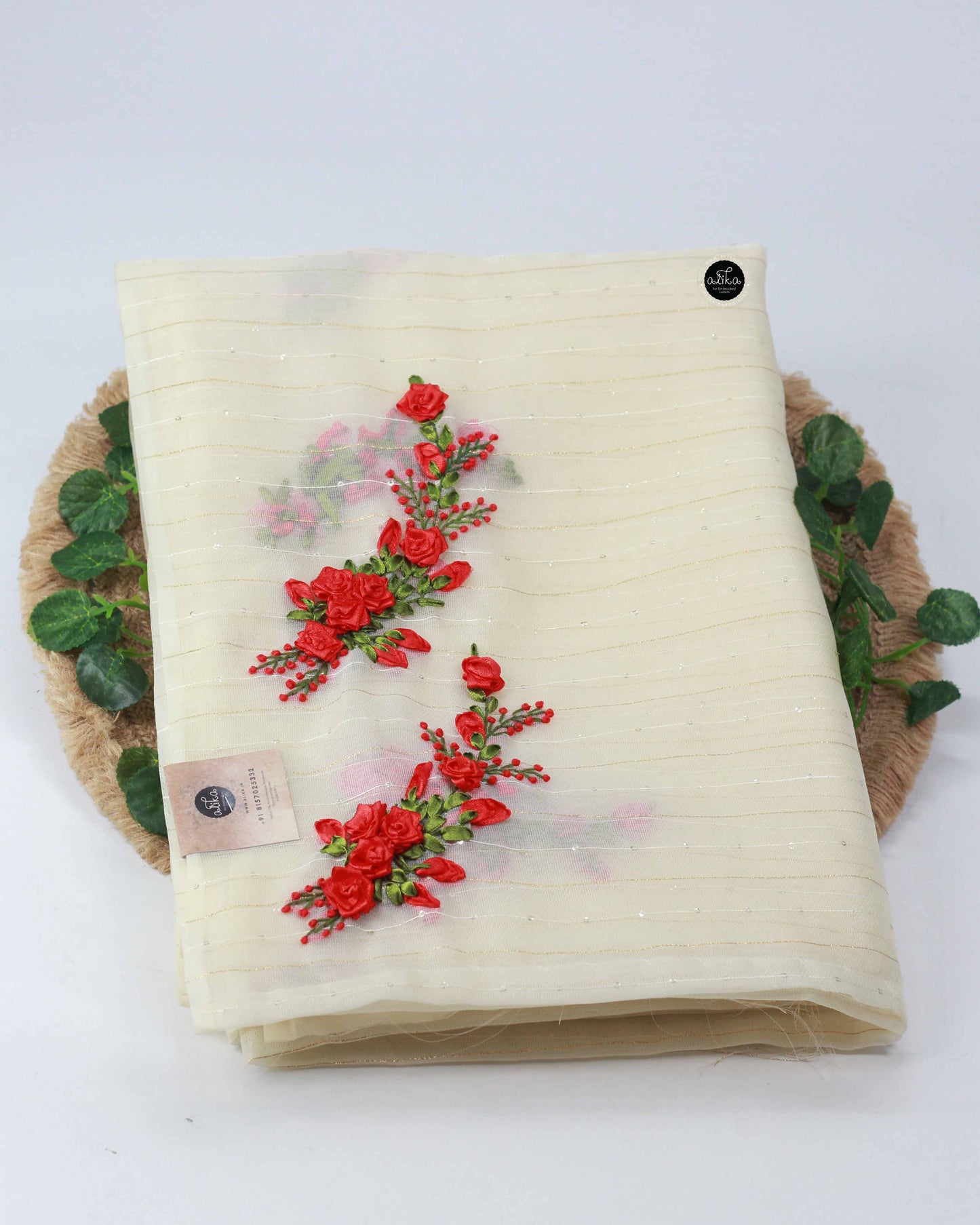 Cream Organza Saree with Floral Ribbon Embroidery