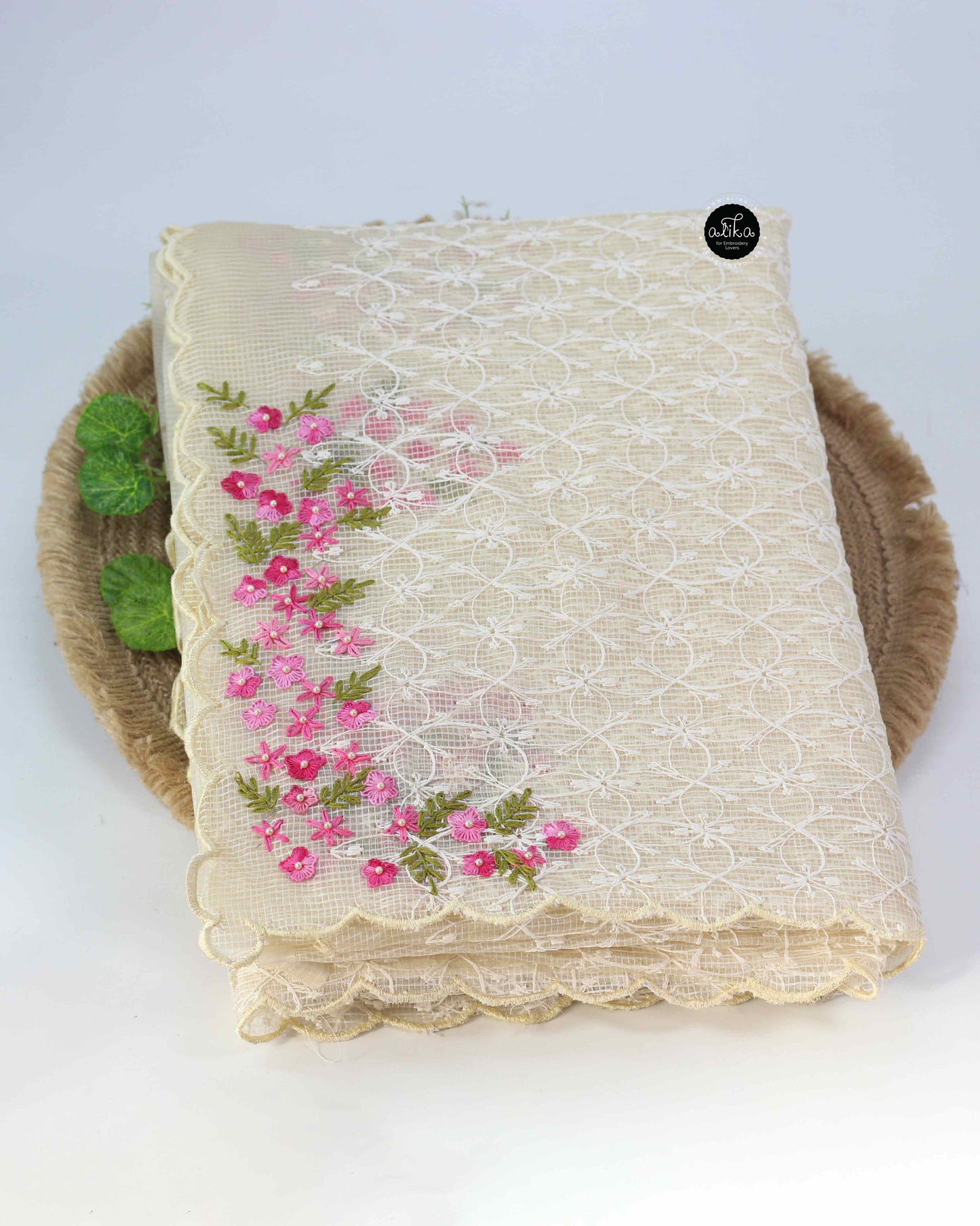 Cream Phulkari Saree with Floral Pink Hand Embroidery and Bead Work