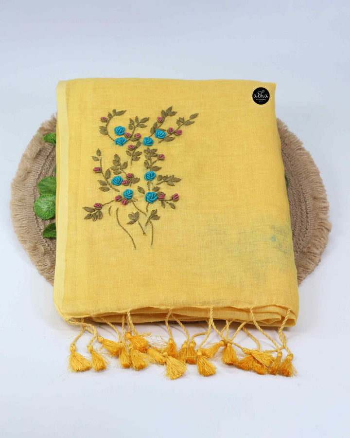 Yellow Pure Linen Saree with Floral Hand Embroidery