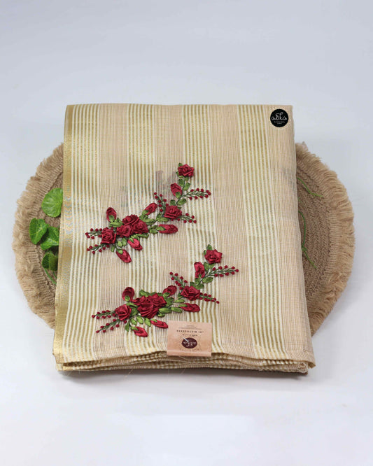 Semi Tissue Saree with Floral Ribbon Embroidery