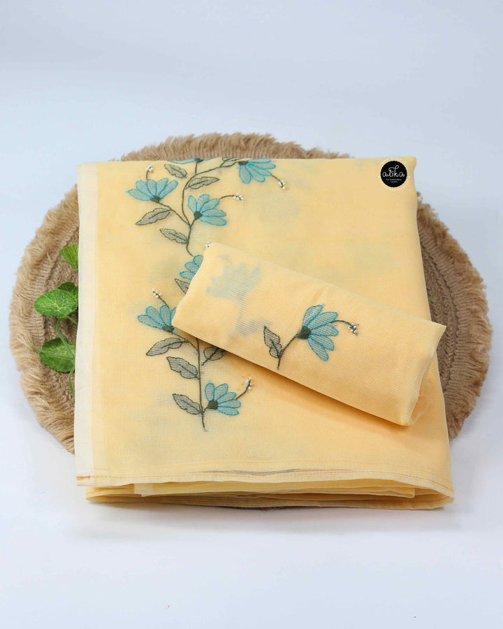 Butter Yellow Kota Saree with Floral Shadow Embroidery and Bead Work