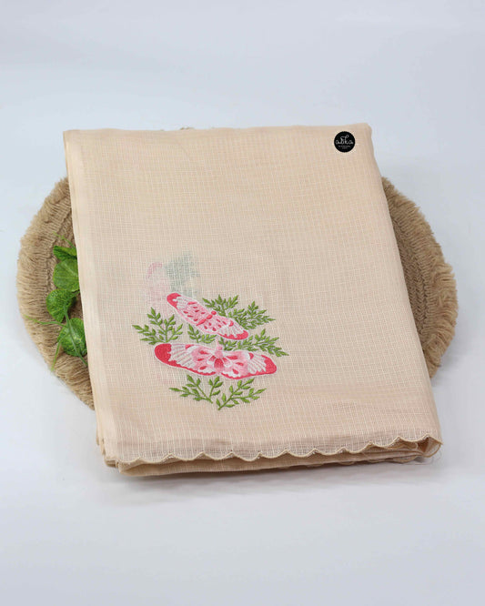 Beige Silky Kota Saree with Butterfly Machine Embroidery