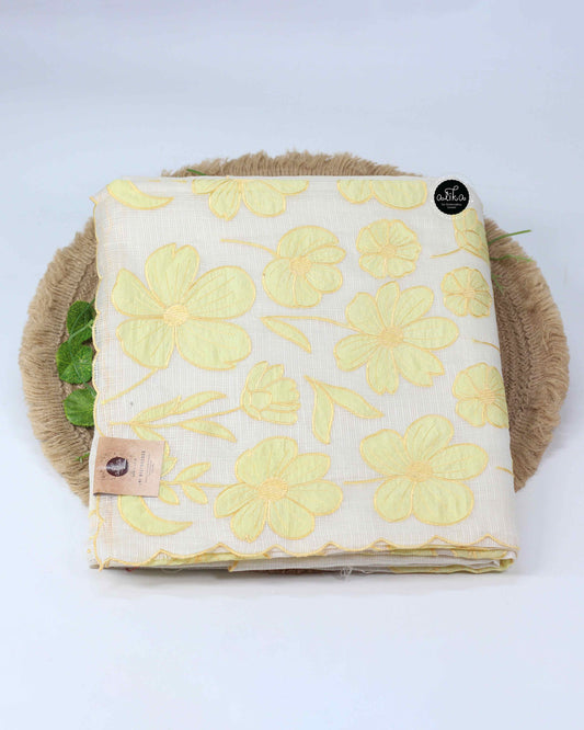 Off White Kota Saree with Yellow Floral Applique Work