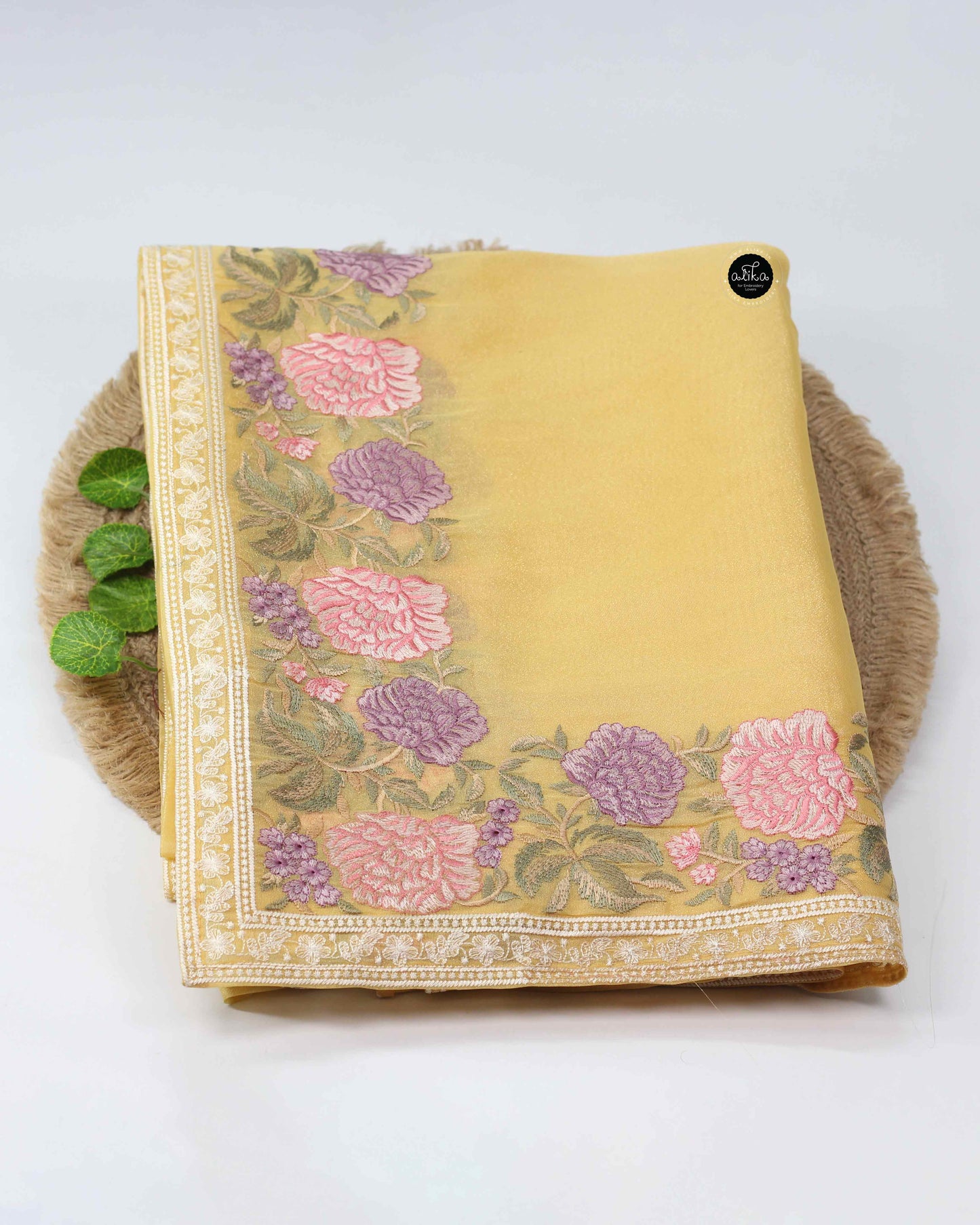 Yellow Semi Organza Saree with Floral Machine Embroidery