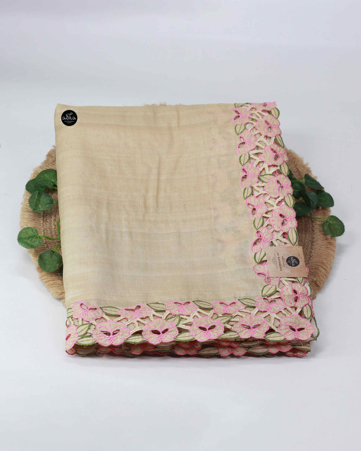 Beige Pure Tussar Silk Saree with Floral Cutwork Border