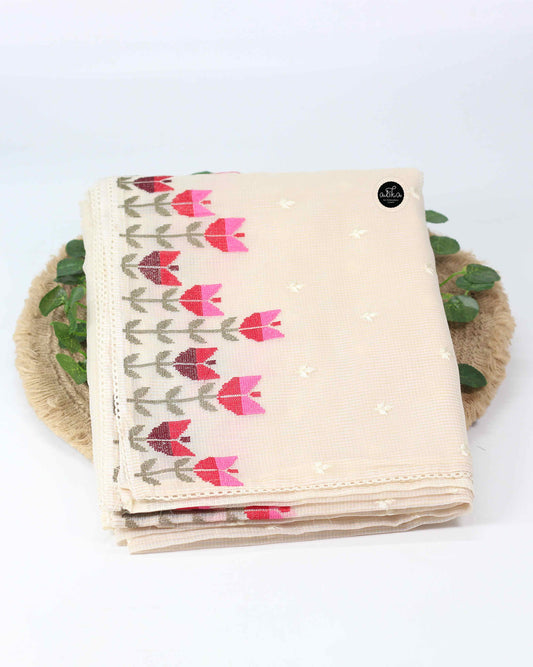 Light Beige Kota Saree with Machine Embroidery