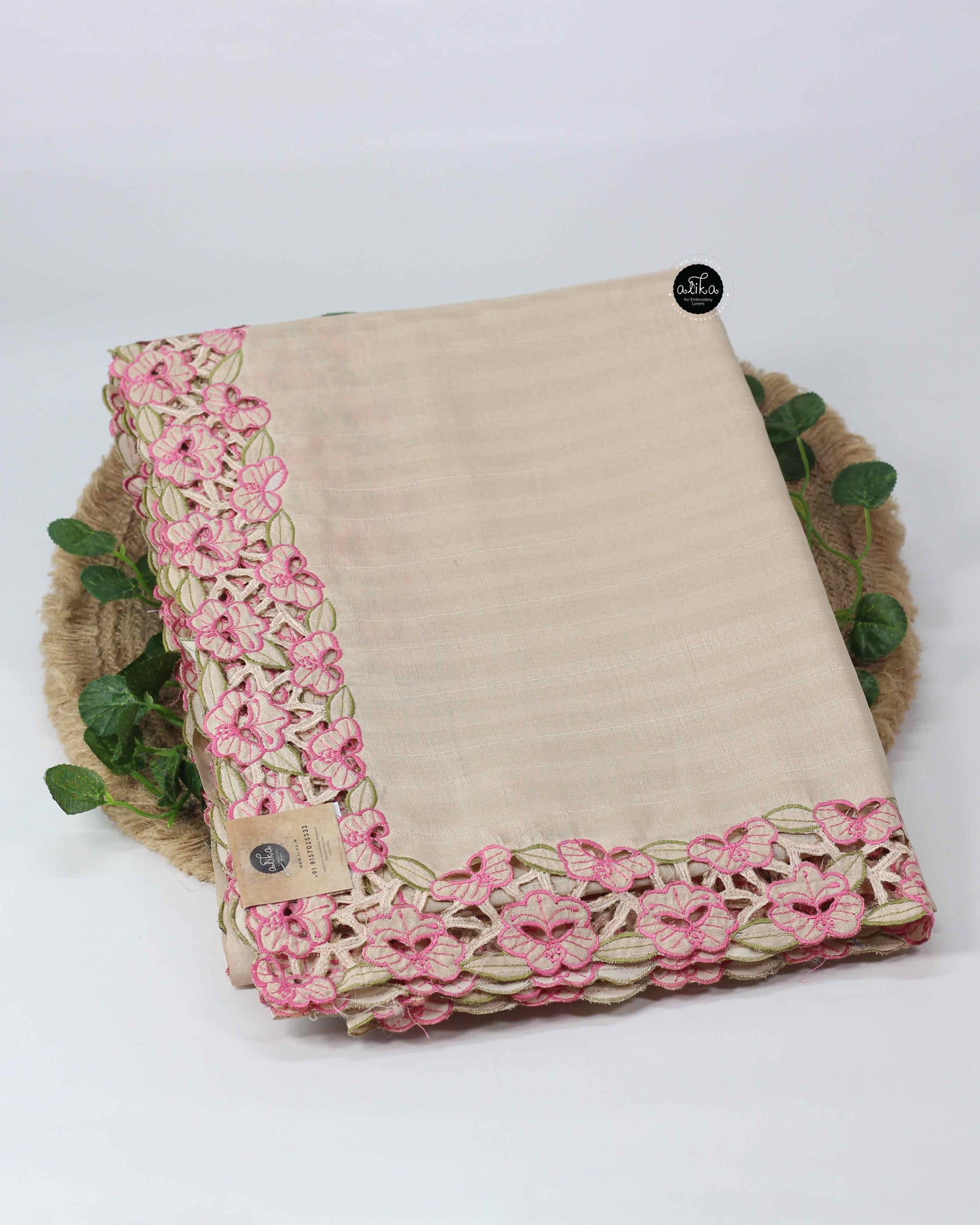 Beige Semi Silk Saree with Pink Floral Full Border Cutwork