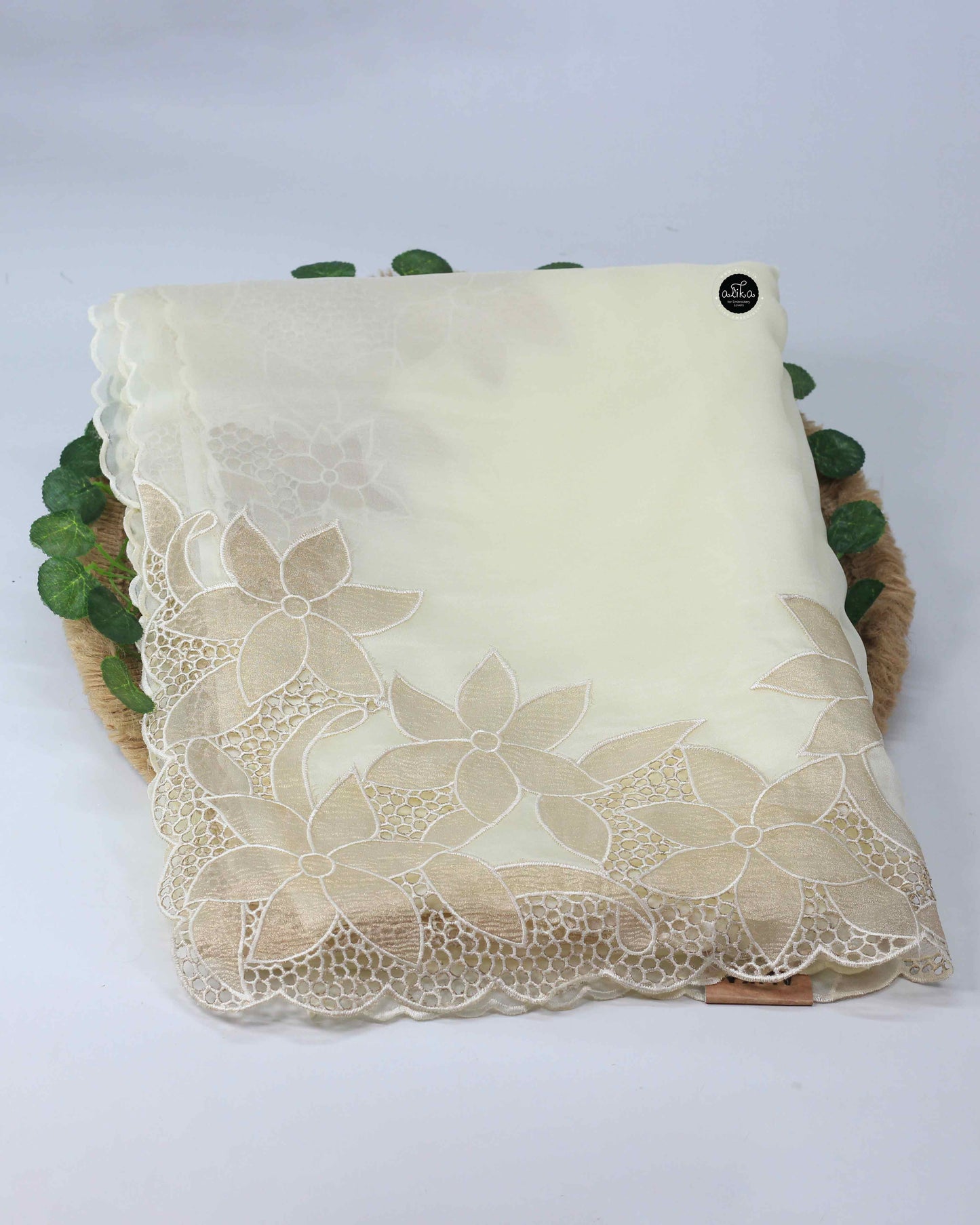 Cream Organza Saree with Golden Cutwork