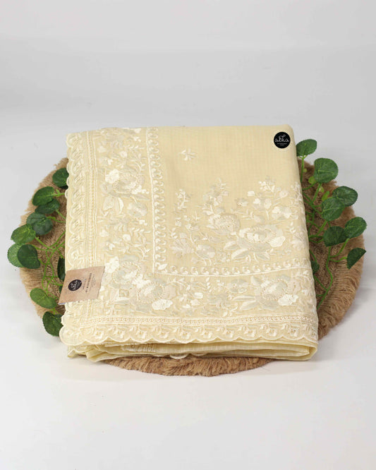 Pastel Yellow Kota Saree with Floral Machine Embroidery