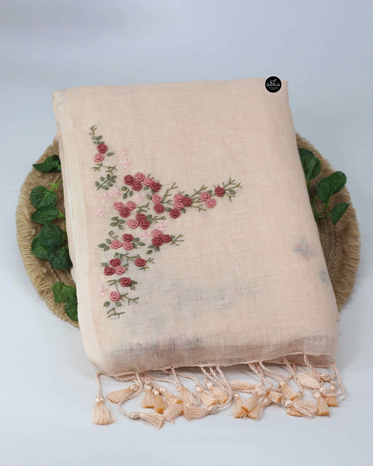 Light Beige Pure Linen Saree with Floral Hand Embroidery