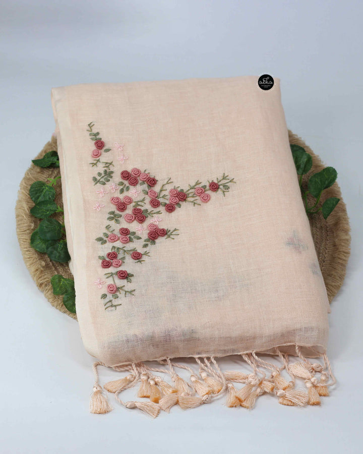 Light Beige Pure Linen Saree with Floral Hand Embroidery