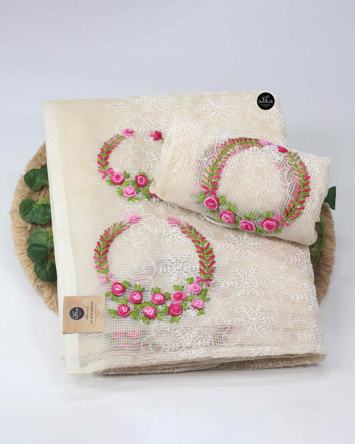 Cream Phulkari Saree with Floral Hand Embroidery