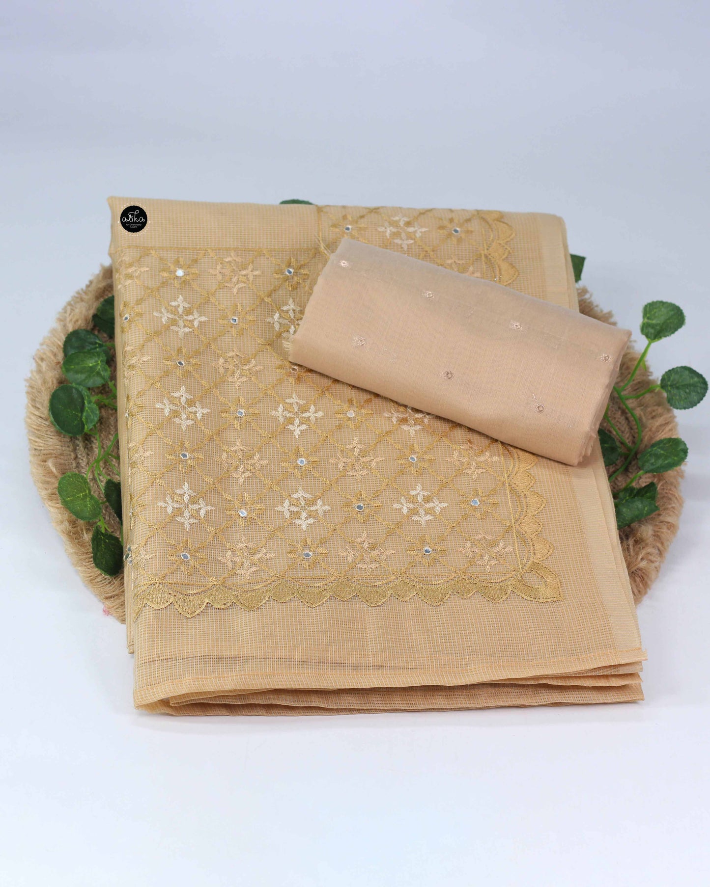 Santal Kota Saree with Floral Machine Embroidery And Mirror work