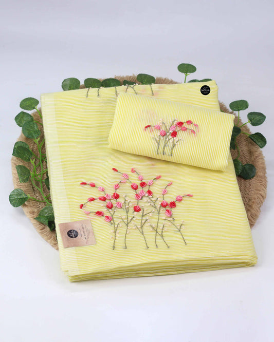 Pastel Yellow Kota Saree with Hand Embroidery