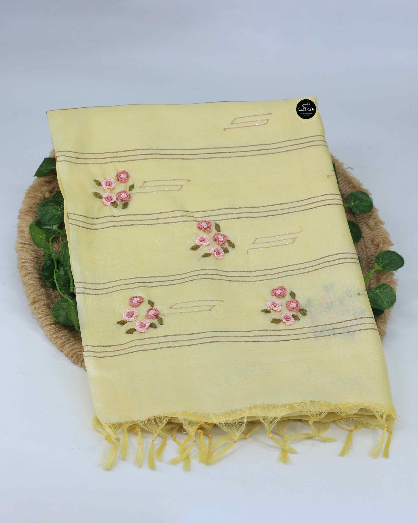 Pastel Yellow Pure Tussar Silk Saree with Floral Hand Embroidery & Sequin Work by Alika