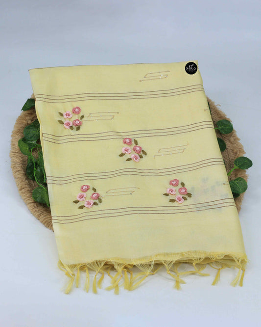Pastel Yellow Pure Tussar Silk Saree with Floral Hand Embroidery & Sequin Work by Alika