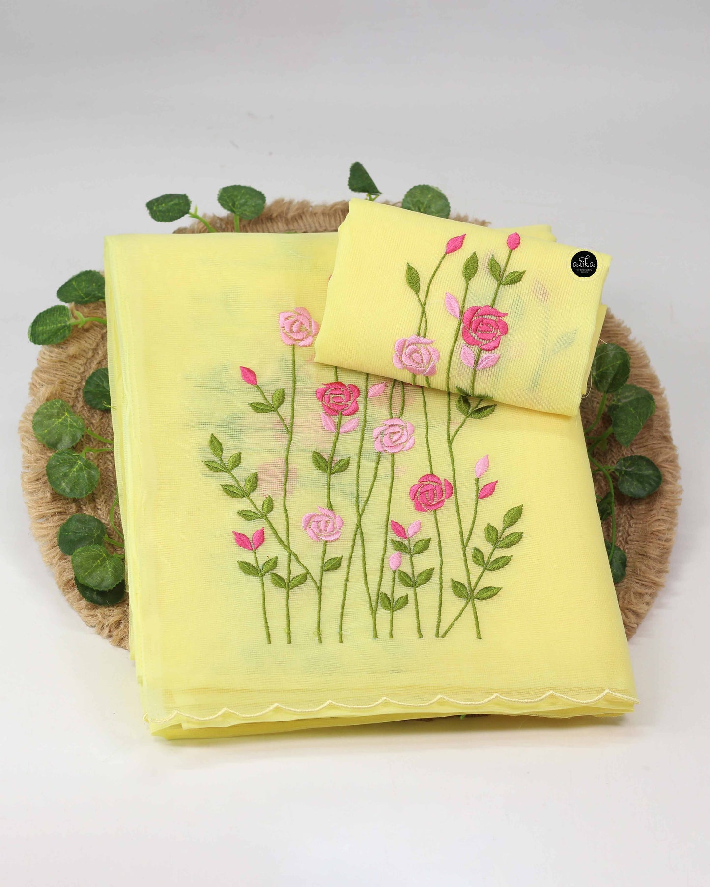 Light Yellow Kota Saree with Floral Machine Embroidery