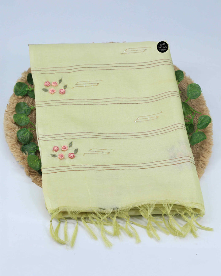 Pastel Yellow Pure Tussar Silk Saree with Floral Hand Embroidery &amp; Sequin