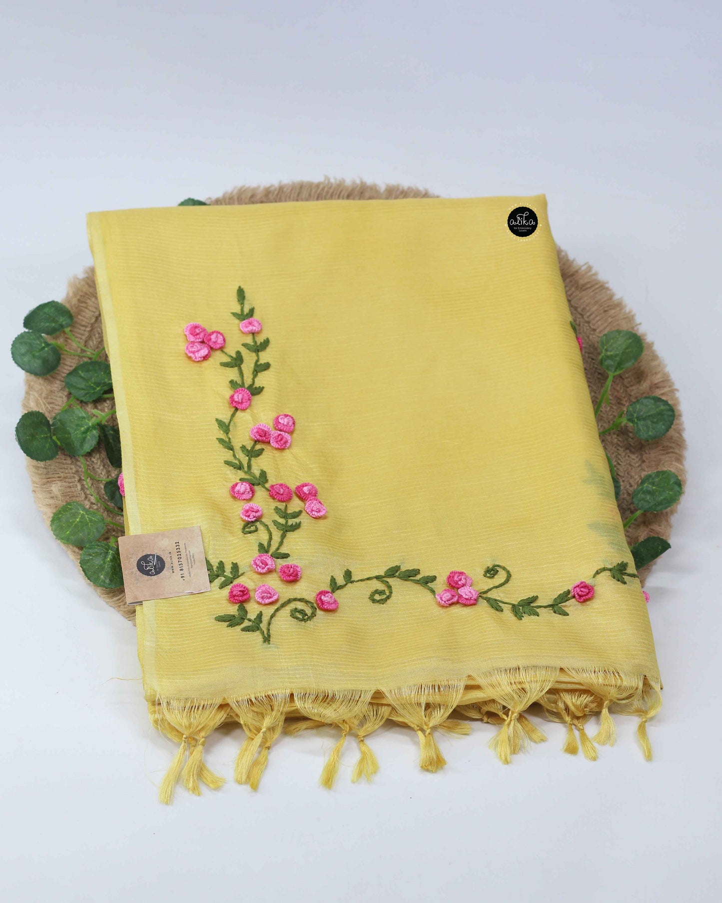 Mango Yellow Semi Tussar Silk Saree with Hand Embroidery
