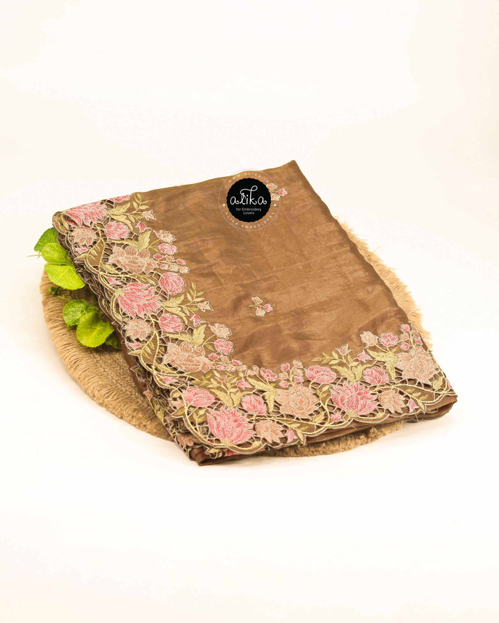 Deep Bronze Crushed Silk Saree with Floral Embroidery &amp; Full Border Cutwork