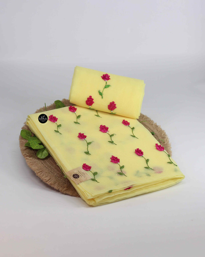 Lemon Yellow Kota Saree with Dark Pink Ribbon Work