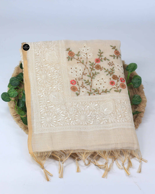 Light Beige Linen Tissue Saree with Peach Floral  Machine Embroidery