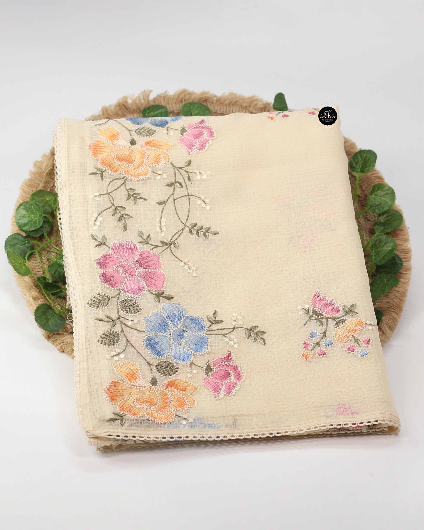 Cream Kota Saree with Floral Machine Embroidery and Plain blouse Material