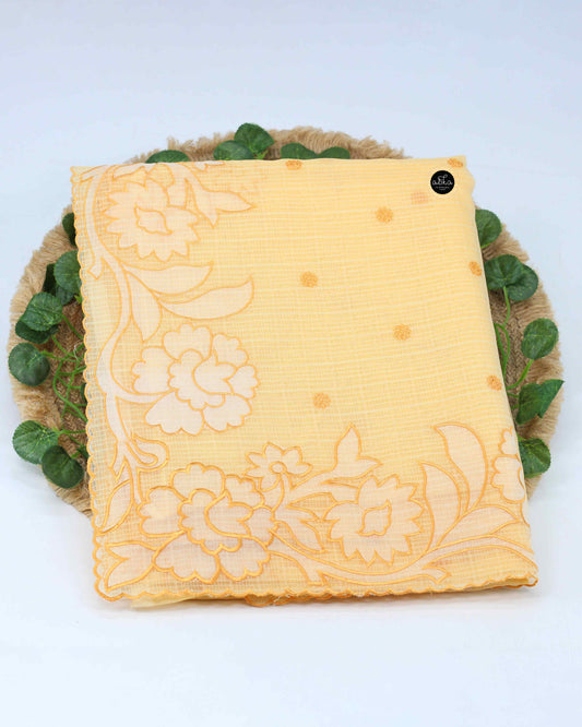 Pastel Yellow Kota Saree with Floral Applique Work – Luxury Designer Wear