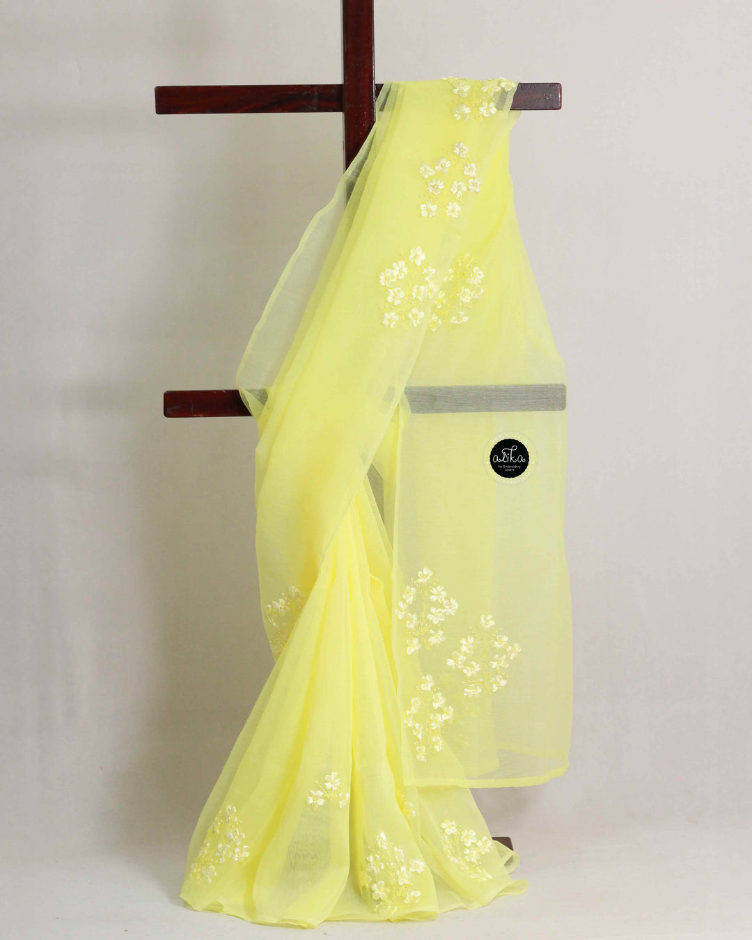 Pastel Yellow Kota Saree with Floral Ribbon Work