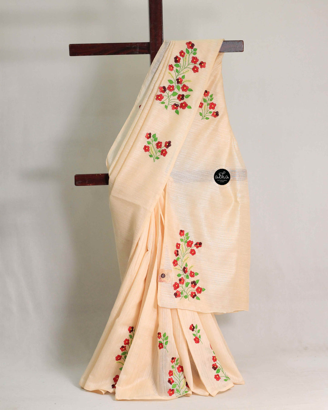 Light Peach Chanderi Saree with Floral Hand Embroidery