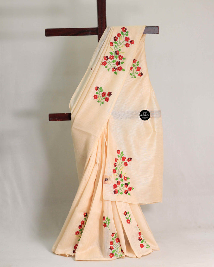 Light Peach Chanderi Saree with Floral Hand Embroidery