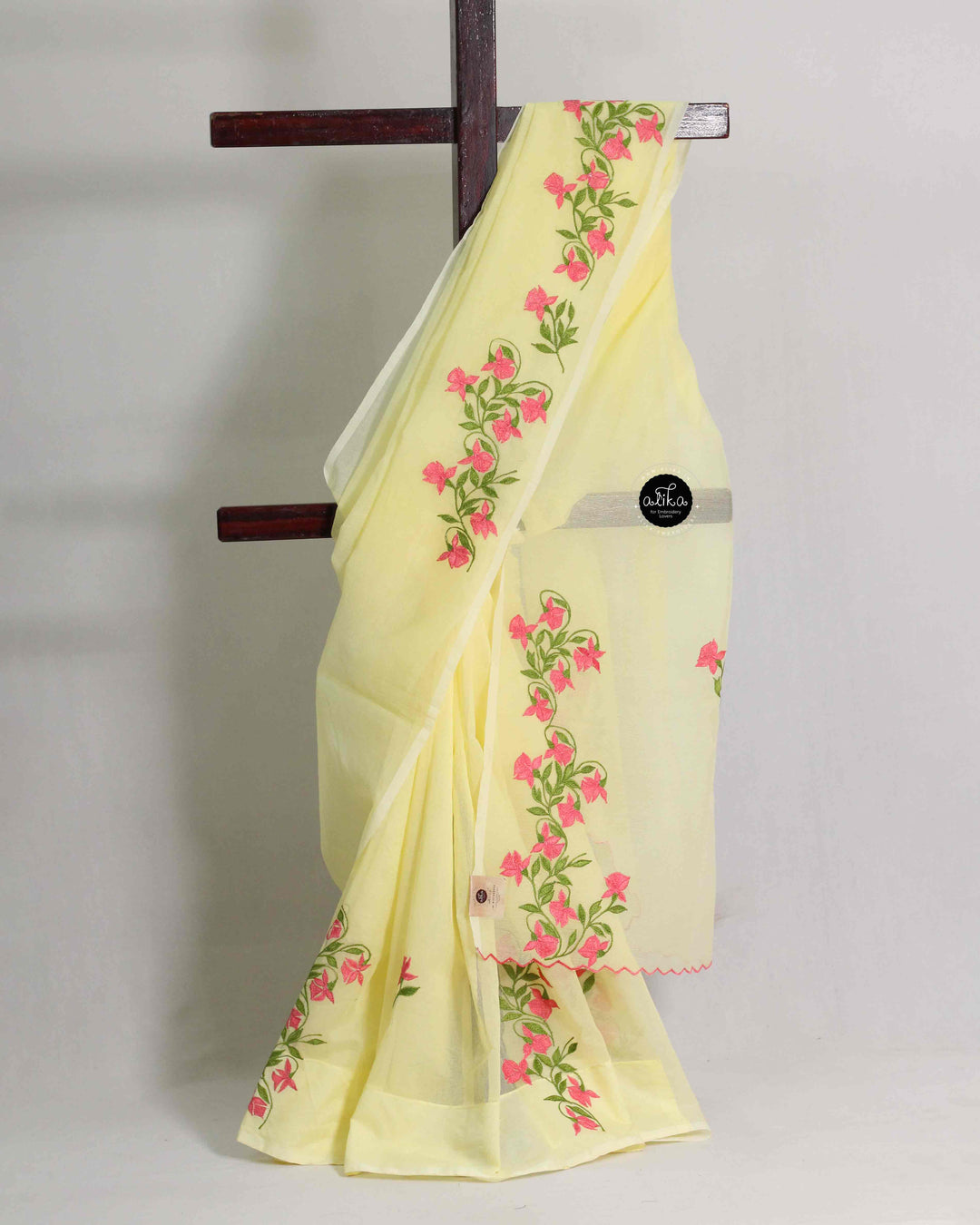 Pastel Yellow Kota Saree with Floral Machine Embroidery –