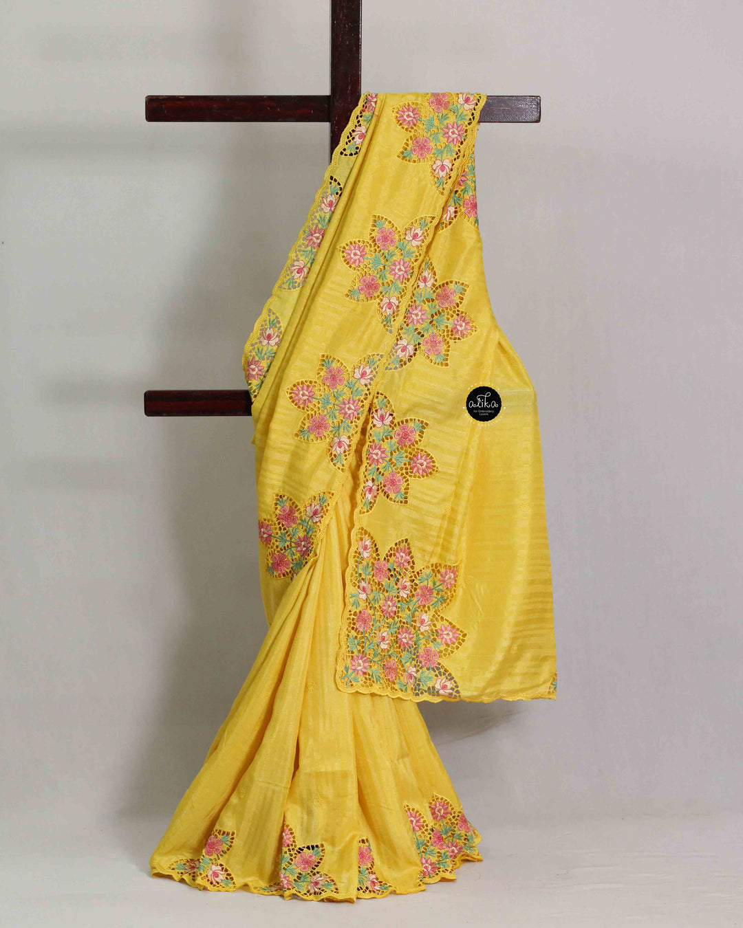 Yellow Semi Silk Saree with Floral Cutwork Embroidery