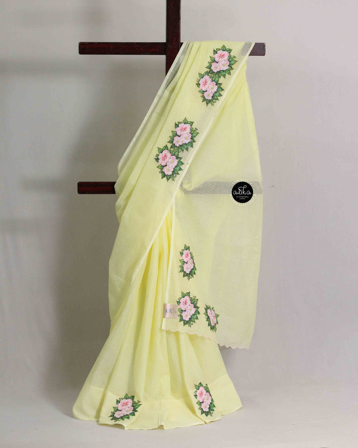 Butter Yellow Stiff Cotton Kota Saree with Floral Appliqué Work