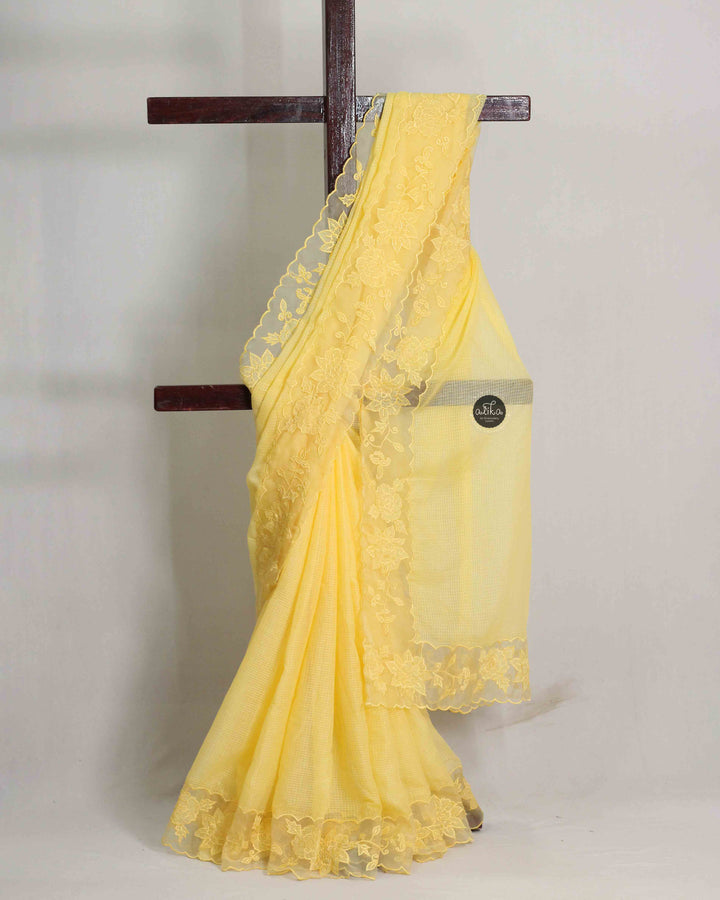 Yellow Cotton Kota Saree with Floral Appliqué Border