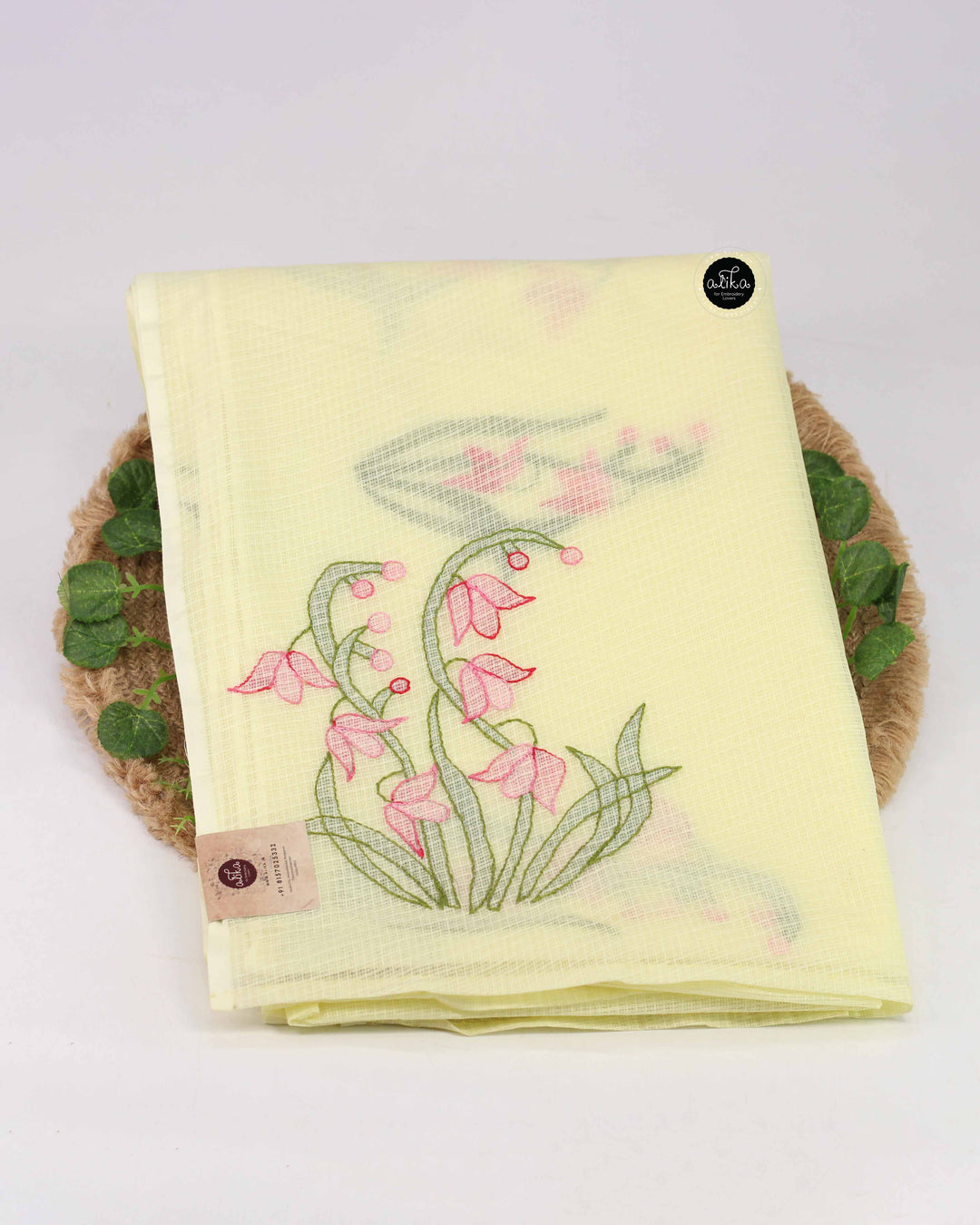 Pastel Yellow Stiff Cotton Kota Saree with Floral Shadow Work