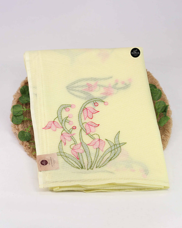 Pastel Yellow Stiff Cotton Kota Saree with Floral Shadow Work