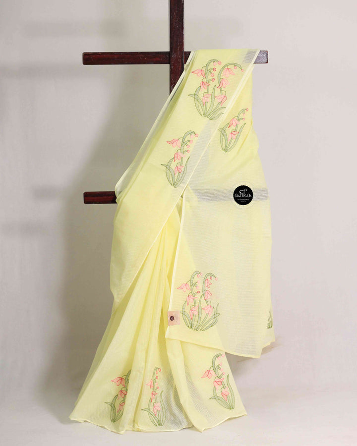 Pastel Yellow Stiff Cotton Kota Saree with Floral Shadow Work