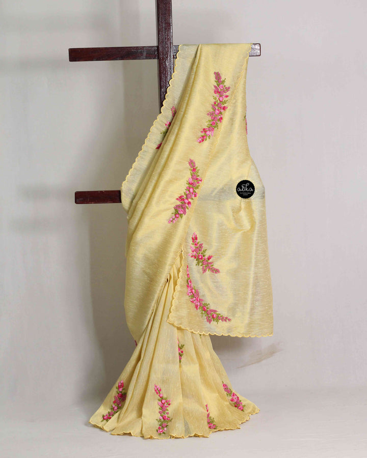 Yellow Semi Silk Saree with Floral Hand Embroidery