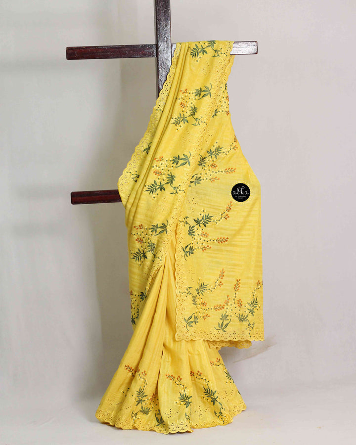 Yellow Designer Silk Saree with Floral Machine Embroidery &amp; Cutwork