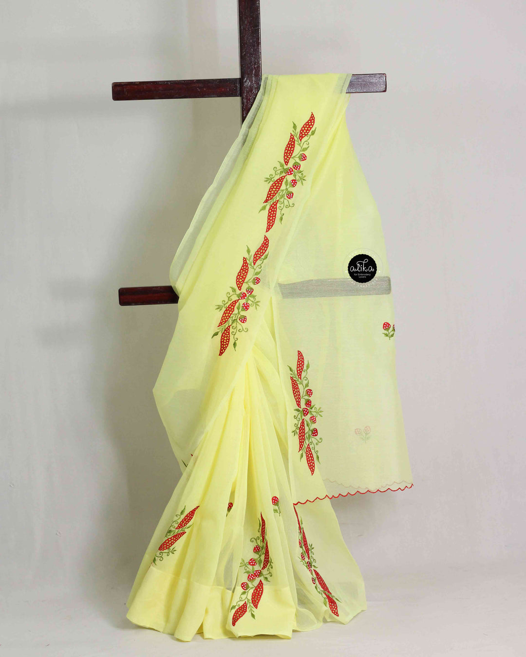 Yellow Kota Saree with Floral Machine Embroidery &amp; Cutwork