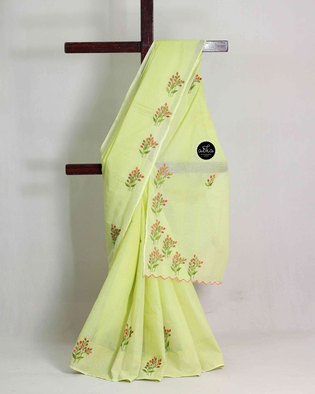 Pista Green Stiff Cotton Saree with Floral Hand Embroidery