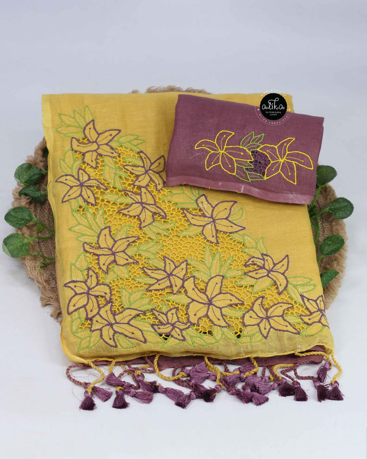 Yellow &amp; Mauve Pure Linen Saree with Floral Twine Cutwork