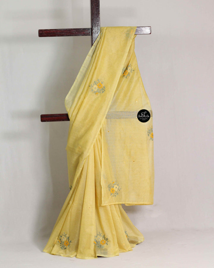 Pastel Yellow Synthetic Kota Saree with  Floral Hand Embroidery &amp; Mirror Work